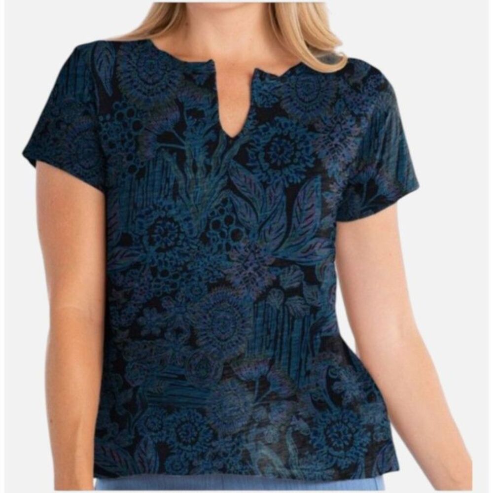 FRESH PRODUCE Short Sleeve Split T Shirtc Top S Black Blue Floral Batik Cotton